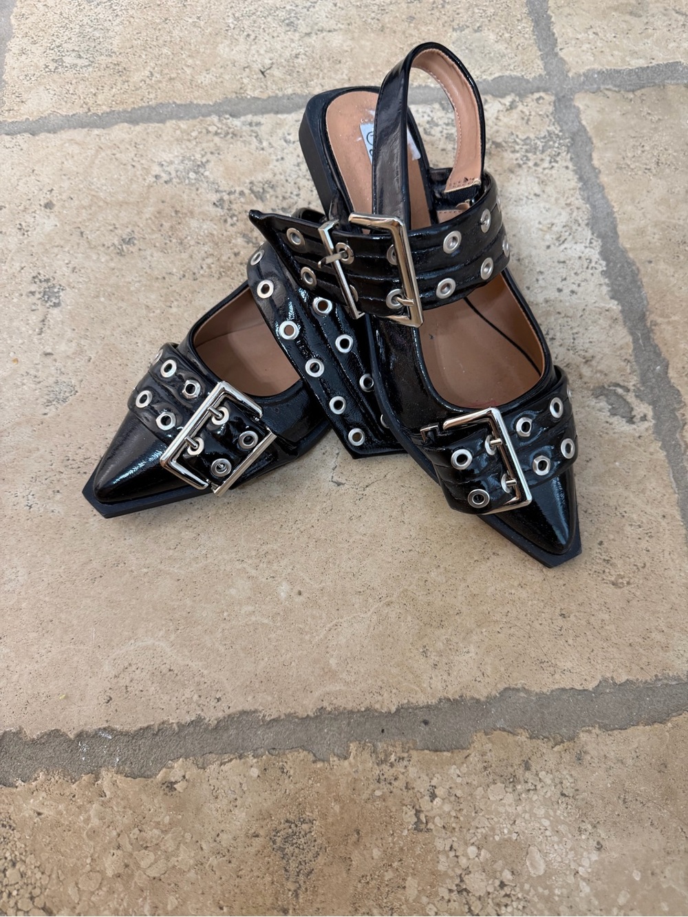 Forever Link Black Patent Pointed Slingback Flats with Buckle Straps